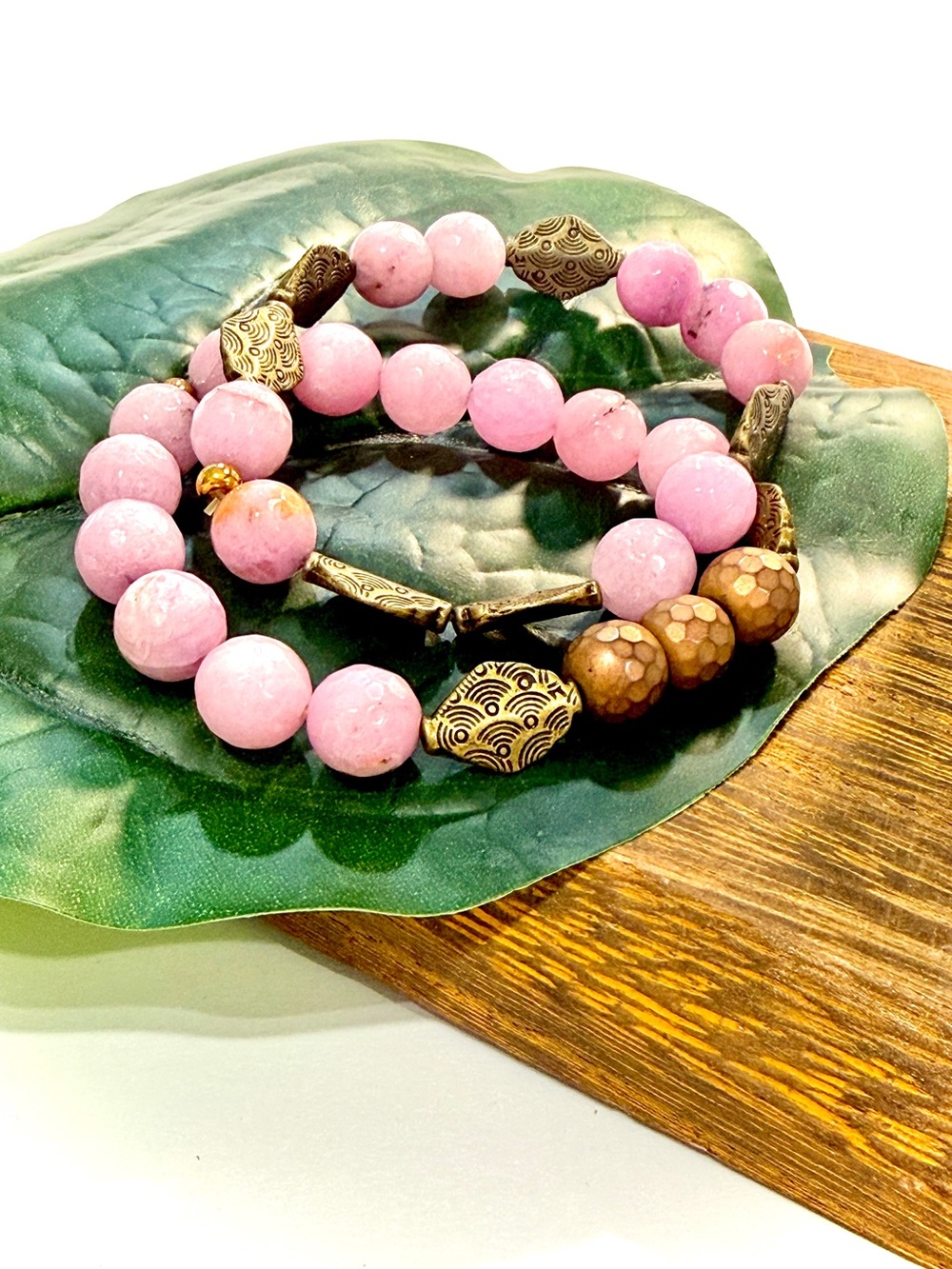 Gemelli Pink Agate Natural Stone Tribal Bracelet Set NEW